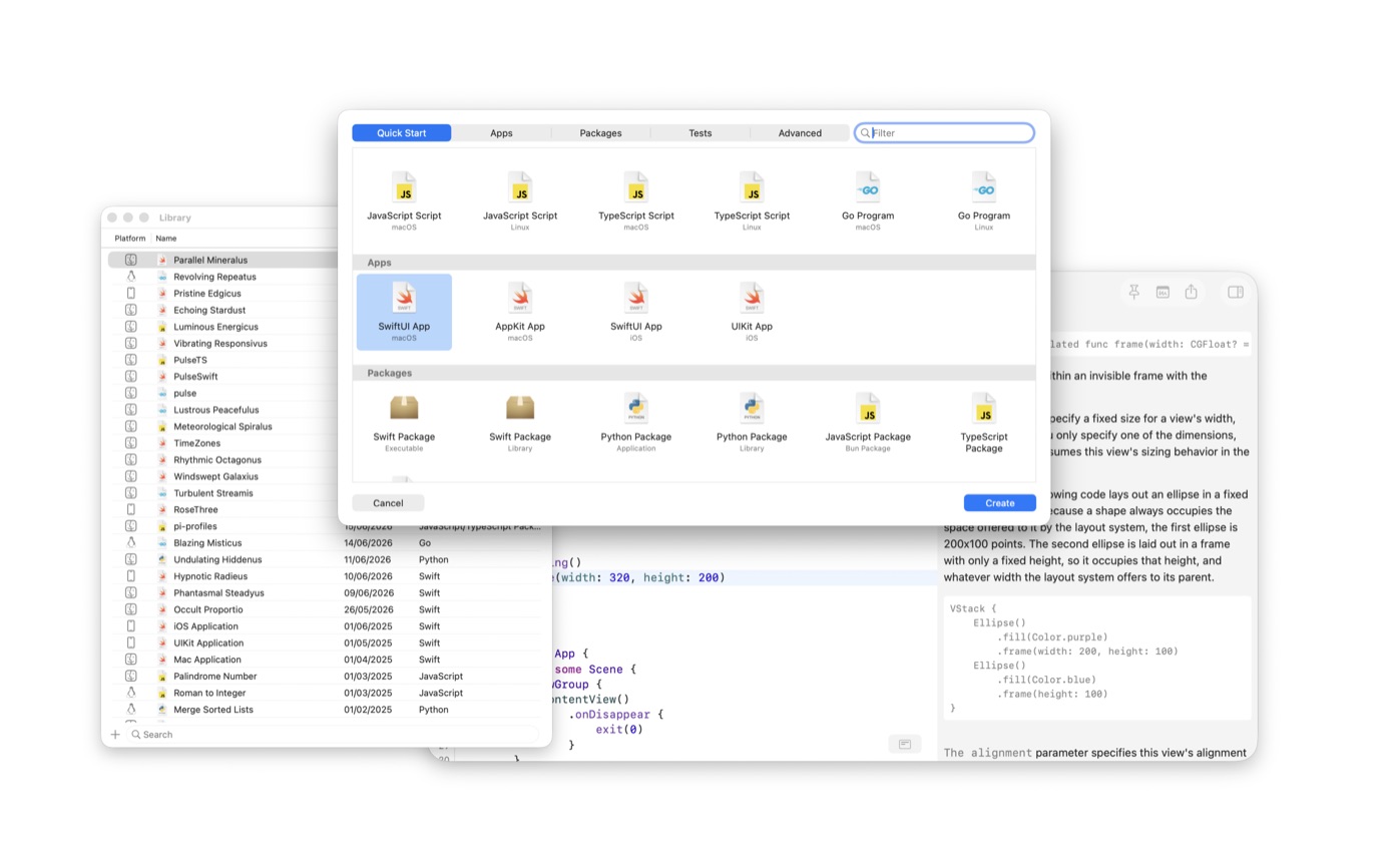 Notepad.exe new-note sheet with SwiftUI App, Swift Package, Python Package, and Go Program templates